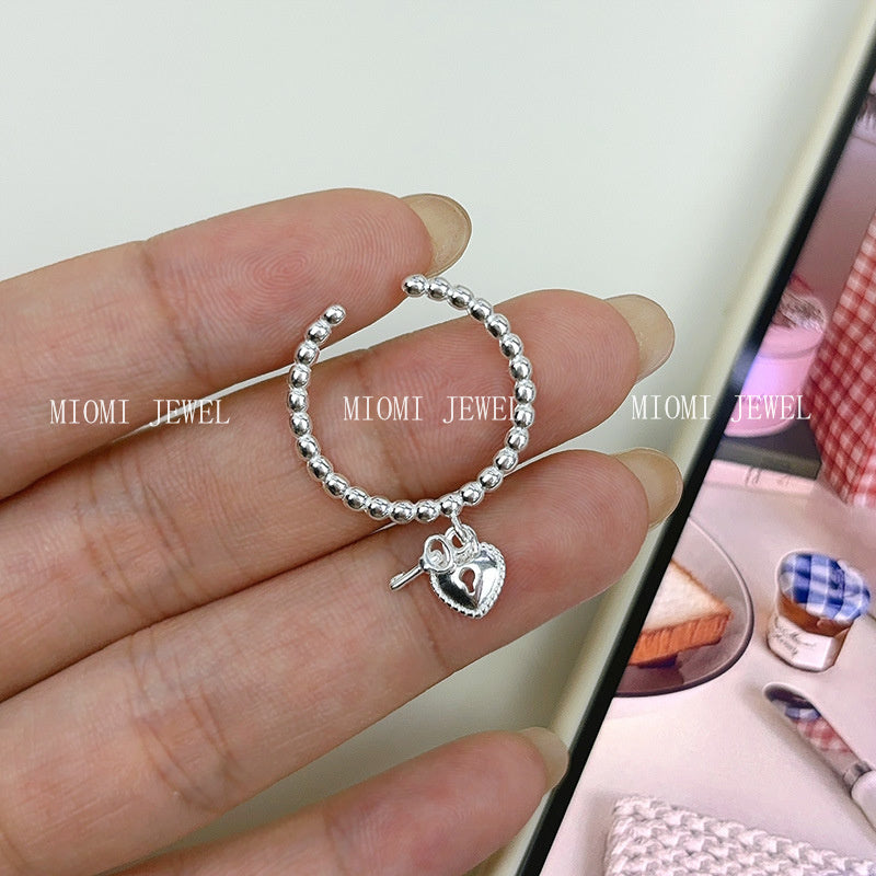 Real Shot S925 Sterling Silver Sweet Heart Key Ring for Women, Ins Niche Design, Simple Round Bead Open Index Finger Ring