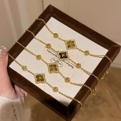 Pure Silver S925 Bucha Style Four-Leaf Clover Tiger Eye Necklace Bracelet Set Heavy Craft Buchi Brushed Set Light Luxury High-end