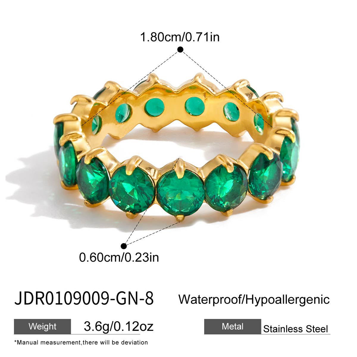 INS Style Internet Celebrity Jewelry 18K Gold Stainless Steel Inlaid Green Zircon Ring Women's Fashion Versatile Ring