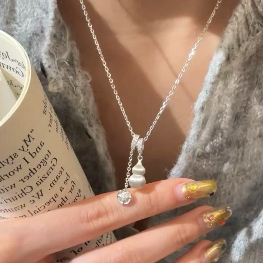 Pure Silver S925 Brushed Craft Gourd Fortune Gold Coin Necklace Exquisite Light Luxury High-end Niche Collarbone Chain