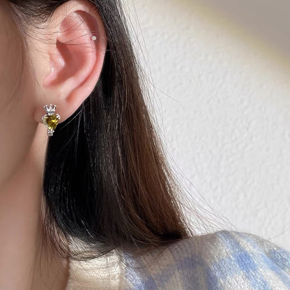 Korean Version Ins Style Cool Style Pure Silver S925 Crown Love Heart Color Zircon Earrings Ear Clips Ear Studs Exquisite Heart Shape