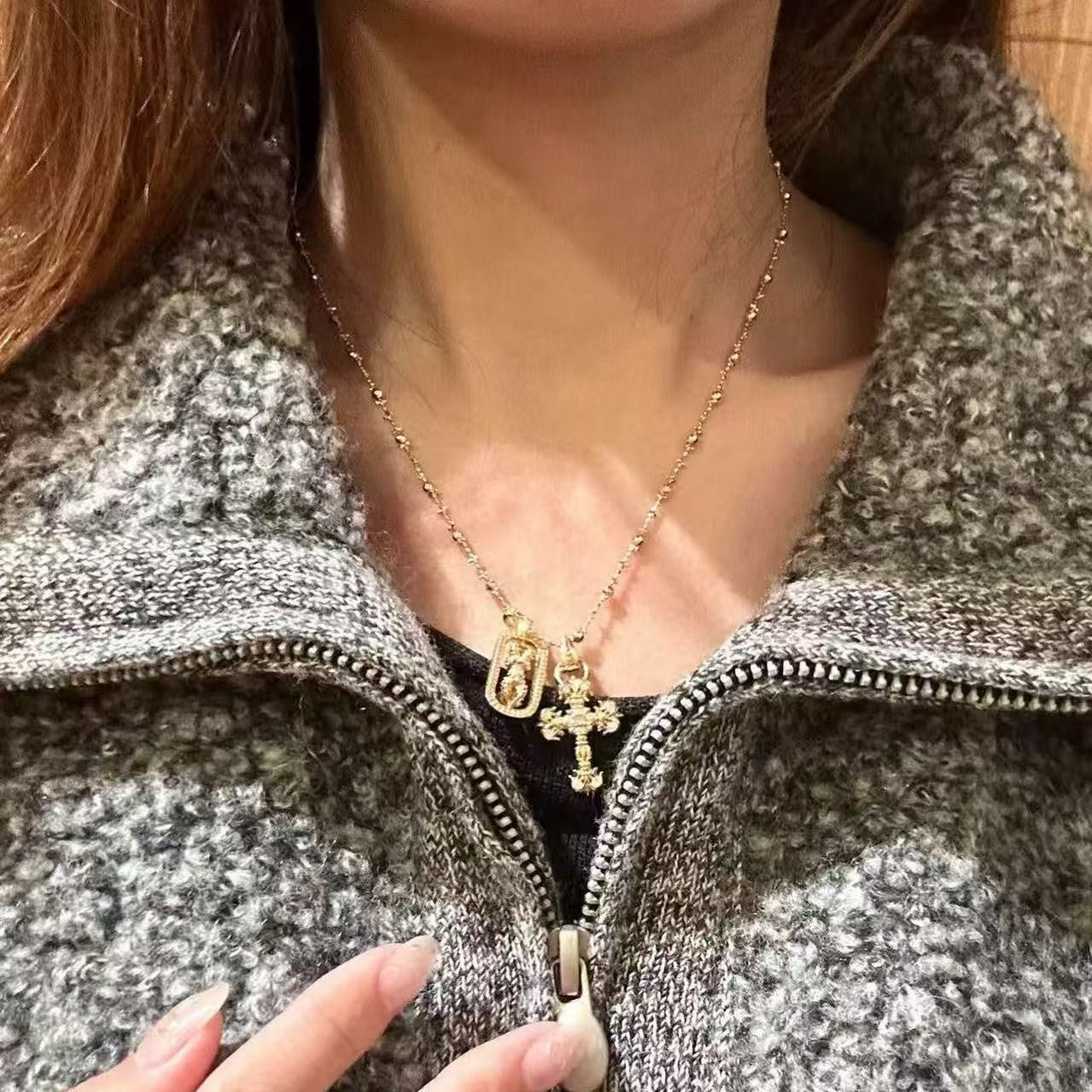 Italian Craft Light Luxury Pure Silver S925 Iris Flower Cross Vajra Fairy Chain Layered Necklace Collarbone Chain