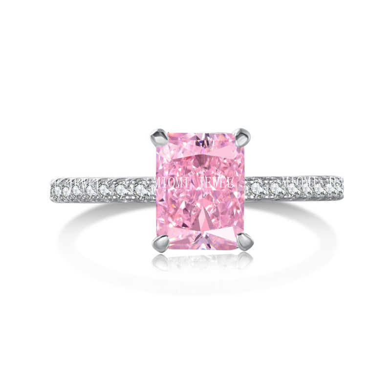925 Sterling Silver Women's INS Heart Pink Ring Pink Diamond Sugar Cube Super Sparkling High Carbon Diamond Ring Wedding Ring