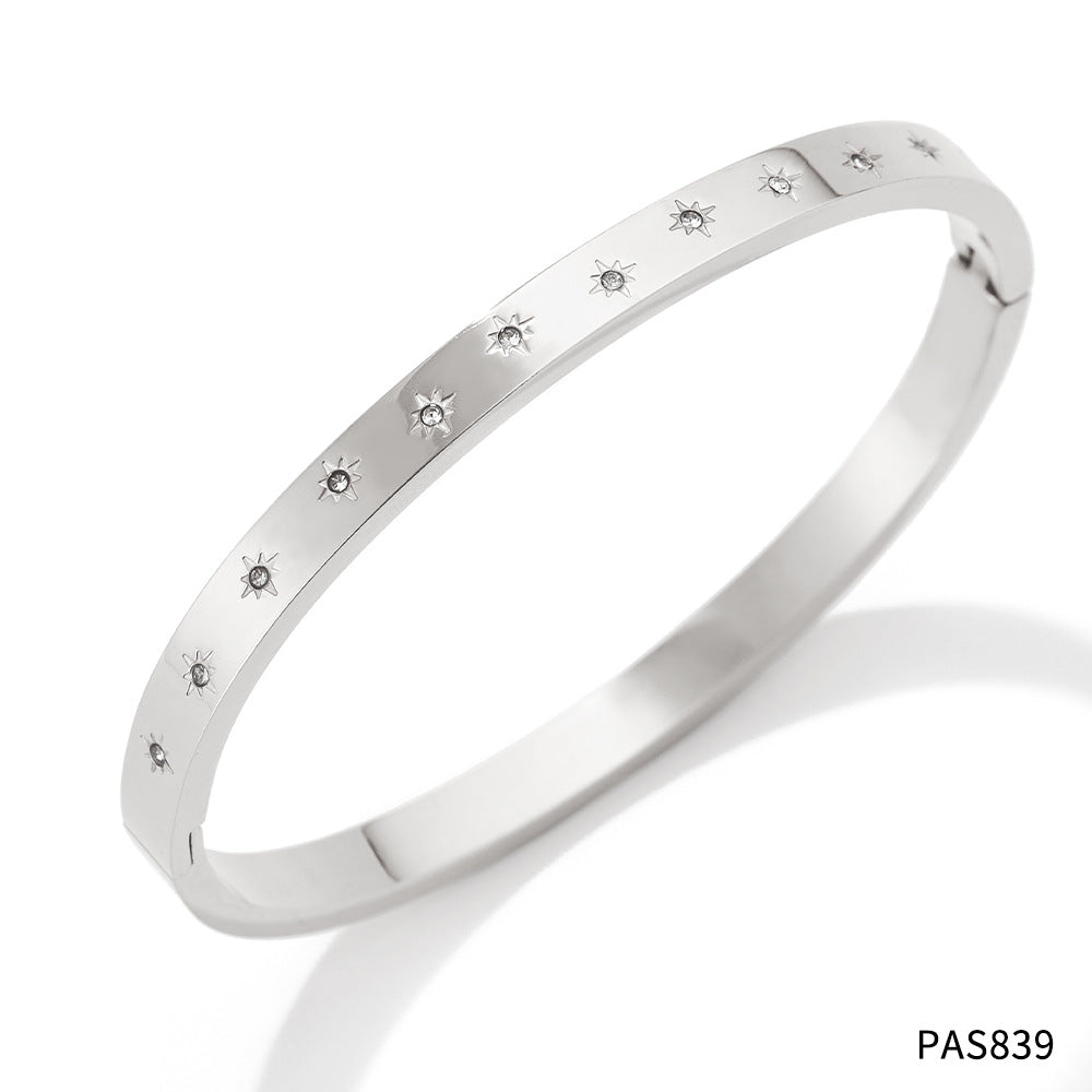 Non-Fading Multiple Styles Diamond-Studded Plain Hoop Bracelet Vacation Style Eight-Pointed Star Waterproof Stackable Stainless Steel Jewelry
