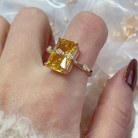 925Sterling Silver Square Citrine Bamboo Zircon Ring for Women Simple Fashion Personality Open Design