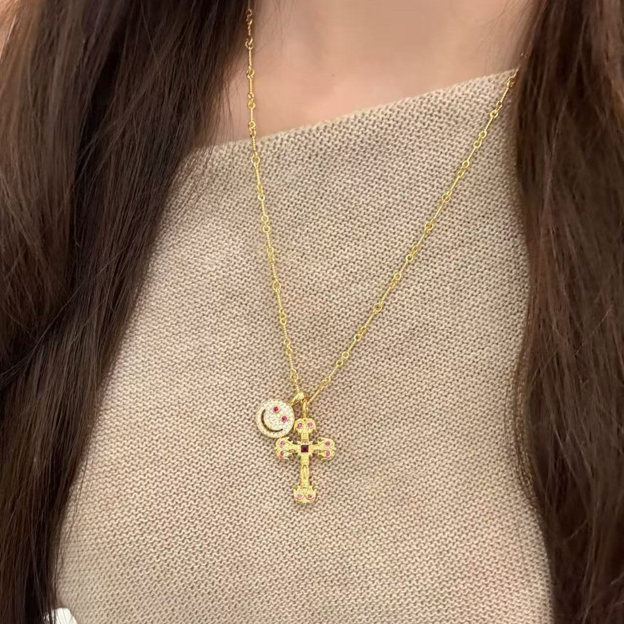 Pure Silver S925 Super Shiny Cross Iris Flower Smiley Face Necklace Trendy Brand Retro Light Luxury Niche Personality Versatile Neck Chain