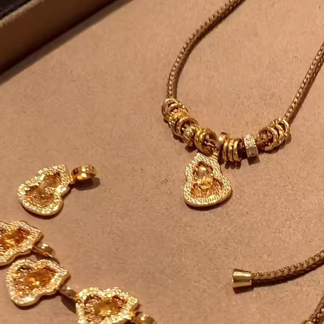 Pure Silver S925 CNC Craft Gourd Yellow Crystal Necklace Brown Rope Necklace New Chinese Style Exquisite Light Luxury High-end Jewelry