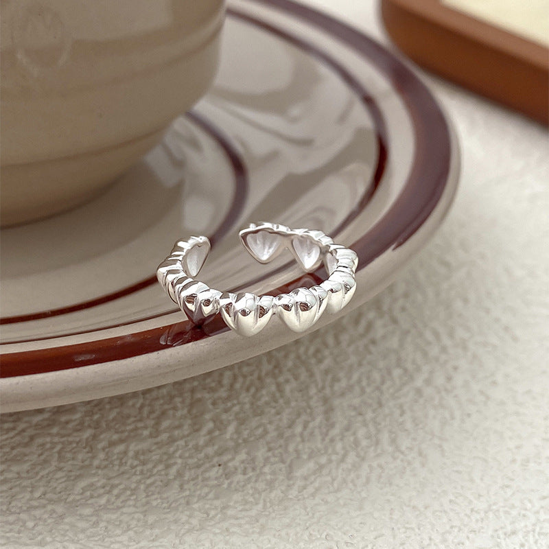 S925 Sterling Silver Three-Dimensional Heart Ring for Women Basic Versatile High-End Heavy Craft Heart-Shaped Index Finger Ring