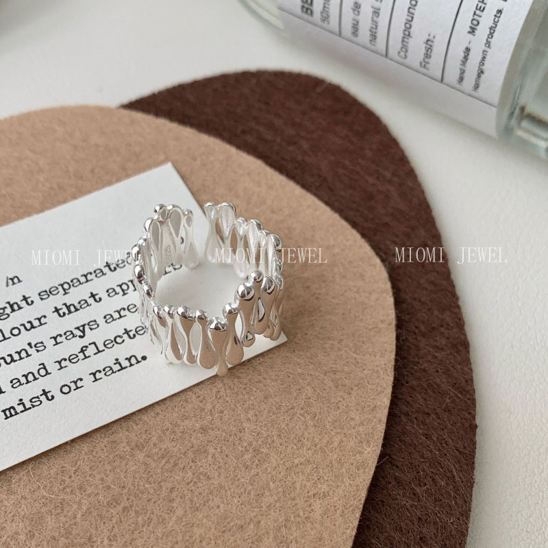 S925 Sterling Silver Irregular Water Drop Ring for Women Korean Retro High-end Niche Design Ring