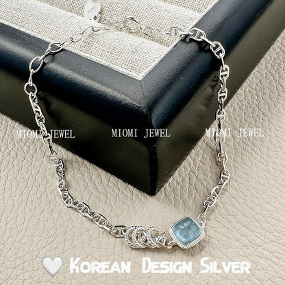 S925 Sterling Silver Exquisite Fat Square Aquamarine Bracelet