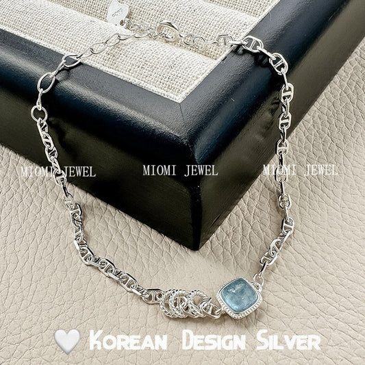 S925 Sterling Silver Exquisite Fat Square Aquamarine Bracelet