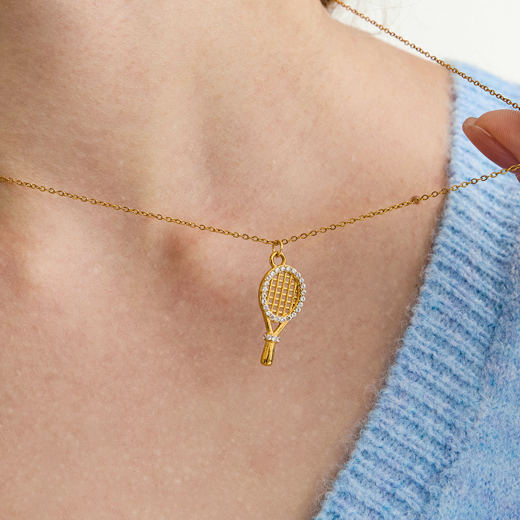 Stainless Steel Zircon Tennis Racket Pendant Necklace Light Luxury High-end Neck Chain Titanium Steel Jewelry for Women