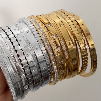 Non-Fading Multiple Styles Diamond-Studded Plain Hoop Bracelet Vacation Style Eight-Pointed Star Waterproof Stackable Stainless Steel Jewelry
