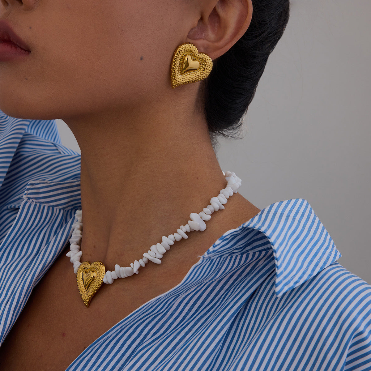 Earrings Titanium Steel Non-Fading High-End Feel Stainless Steel Hammered Heart White Crushed Stone Necklace