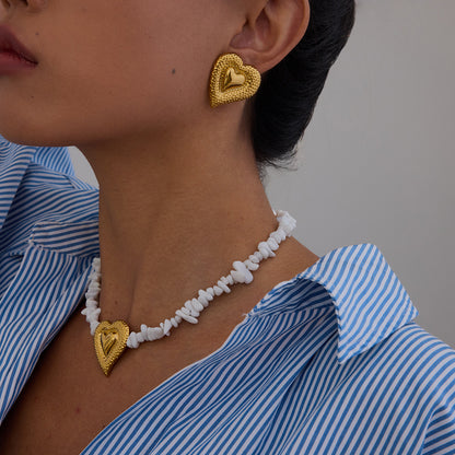 Earrings Titanium Steel Non-Fading High-End Feel Stainless Steel Hammered Heart White Crushed Stone Necklace