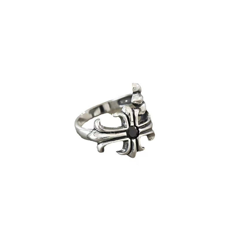 Pure Silver S925 Cross Carved Ring Japanese and Korean Trend Creative Retro Open Trendy Brand Cross Ring for Men and Women