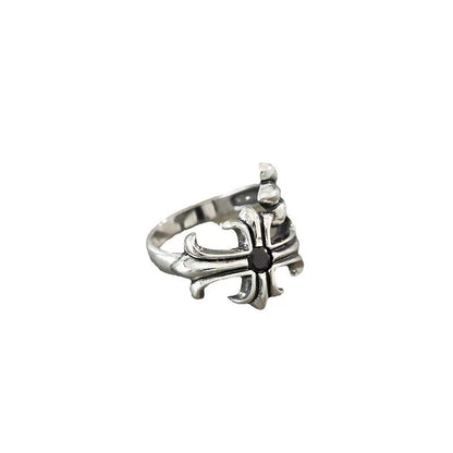 Pure Silver S925 Cross Carved Ring Japanese and Korean Trend Creative Retro Open Trendy Brand Cross Ring for Men and Women
