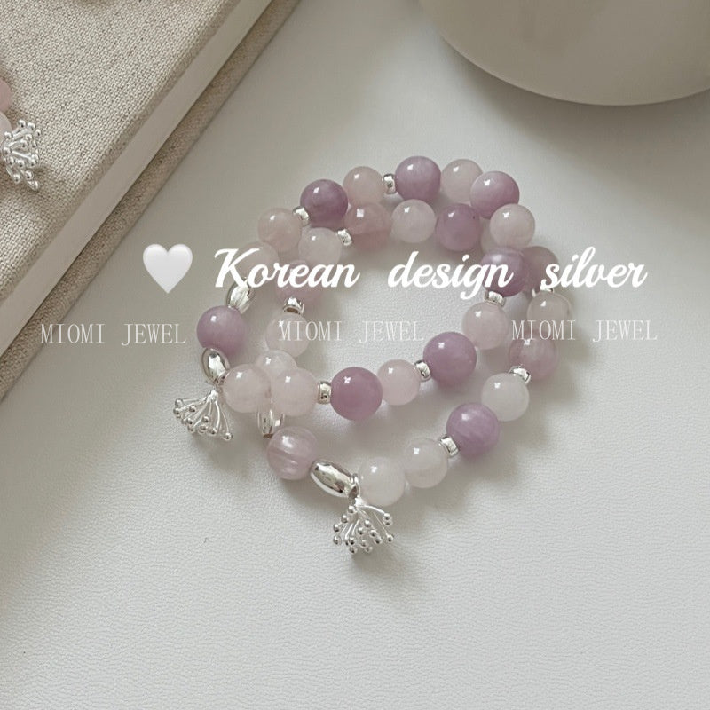 Korean Style Simple High-End Fresh S925 Sterling Silver Purple Mica Pink Crystal Flower Pistil Elastic Cord Bracelet for Women