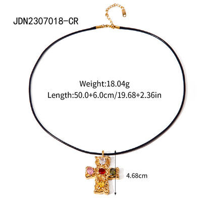 Ins Internet Celebrity Same Style 18K Gold Stainless Steel + Wax Cord + Colorful Zircon/Hammered Cross Zircon Necklace