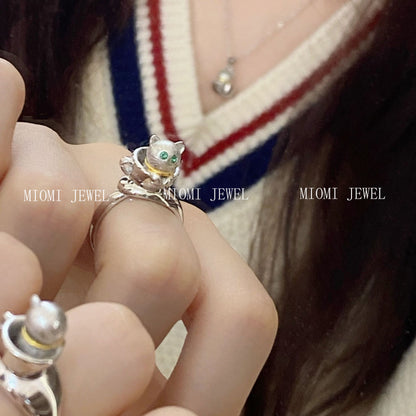 S925 Sterling Silver 3D Small Teacup Cat Ring for Women, Open Silver Ring whimsical