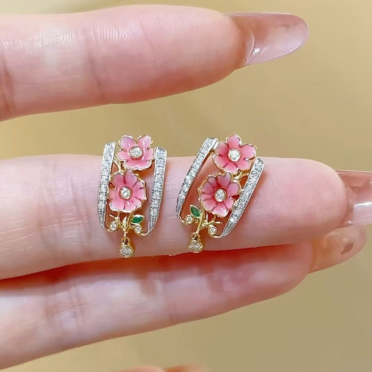 Pure Silver S925 New Chinese Style Ethnic National Style Enamel Craft Earrings with Sparkling Diamonds and Oil Drip Exquisite Light Luxury Niche Earrings