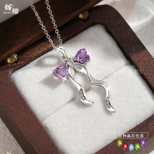 S925 Sterling Silver Ribbon Bow Necklace for Women Korean Style Natural Crystal Stone Niche Topaz Pendant for Women