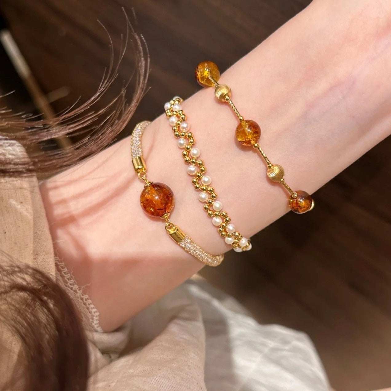 Pure Silver S925 Natural Amber Cat's Eye Laser Bead Bracelet Melad Style Elegant High-end Temperament Jewelry