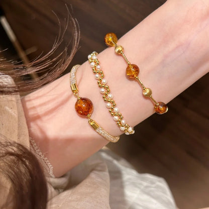 Pure Silver S925 Natural Amber Cat's Eye Laser Bead Bracelet Melad Style Elegant High-end Temperament Jewelry