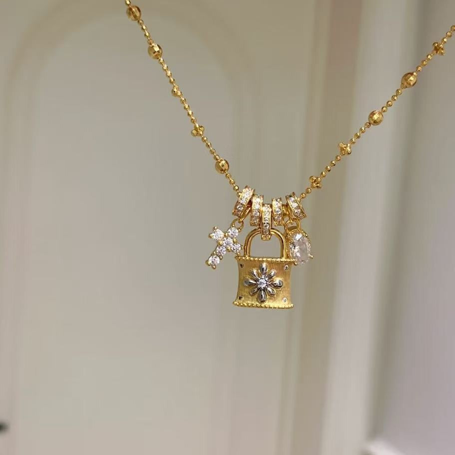 Pure Silver S925 Brushed Craft Running Ring Cross Lock Bag Necklace Vintage Second-Hand Light Luxury High-End Feel