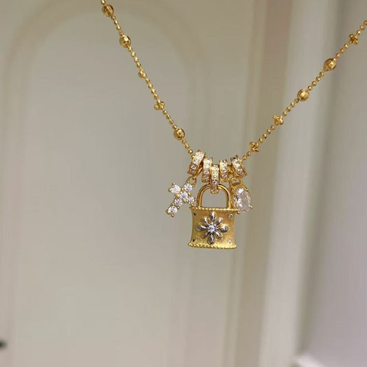 Pure Silver S925 Brushed Craft Running Ring Cross Lock Bag Necklace Vintage Second-Hand Light Luxury High-End Feel