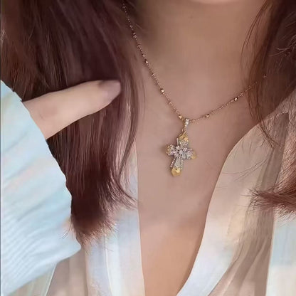 Sterling Silver S925 Brushed Craft Cross Fairy Chain Necklace Vintage Mid-Ancient Light Luxury High-End Niche Design