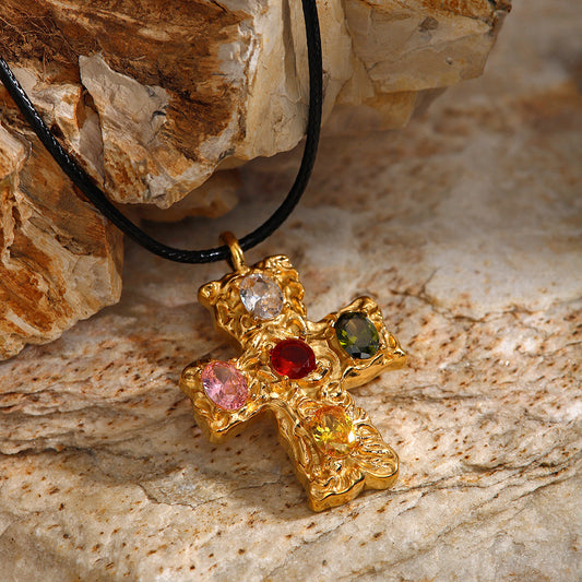 Ins Internet Celebrity Same Style 18K Gold Stainless Steel + Wax Cord + Colorful Zircon/Hammered Cross Zircon Necklace