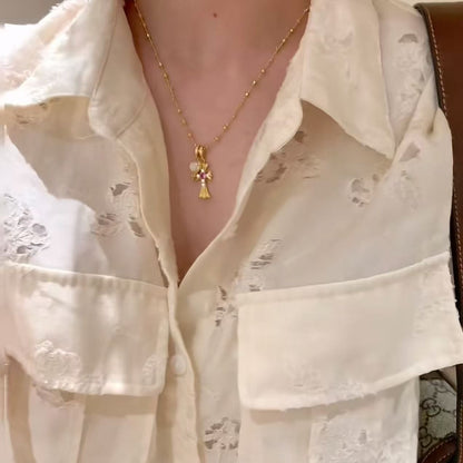 Brushed Craft American Retro Cross Heart White Shell Fairy Chain Necklace Niche Design Light Luxury High-end Feel