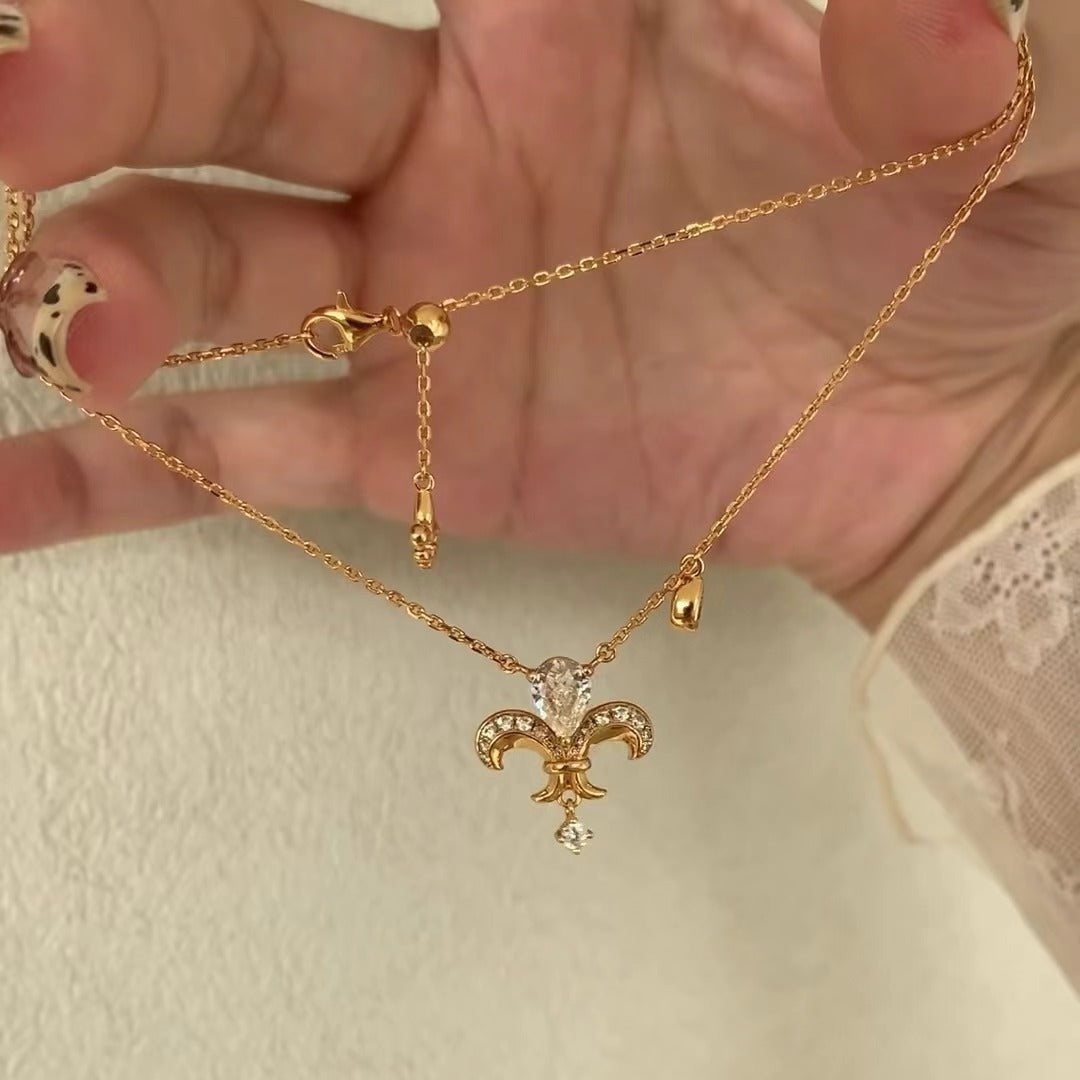 Vintage Style Pure Silver S925 Real Gold Plated High Carbon Diamond Brushed Craft Iris Flower Push-Pull Adjustable Necklace