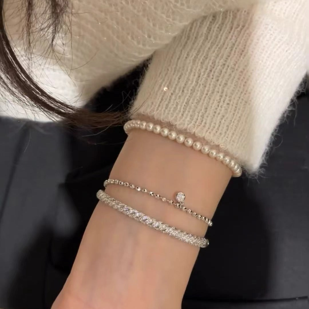 Vintage Style Pure Silver S925 Real Gold Plated High Carbon Diamond Bubble Laser Bead Bracelet Push-Pull Adjustable Bracelet