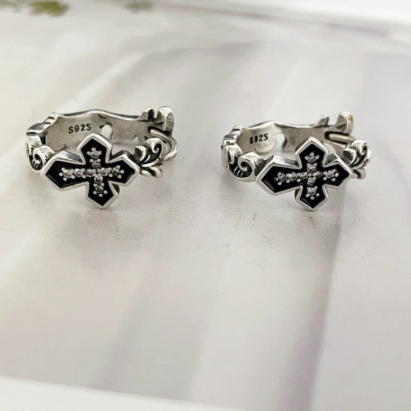 925 Sterling Silver Cross Inlaid with Zirconia Personality Trendy Fashion Retro Earrings Niche Versatile Hypoallergenic Stud Earrings
