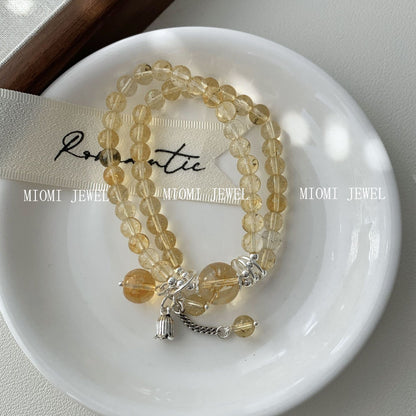 S925 Sterling Silver Yellow Crystal Double Circle Bracelet for Women New Chinese Style National Style Lily of the Valley Pendant Bracelet Gift for Girlfriend