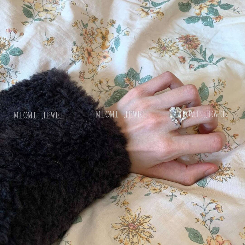 S925 Sterling Silver Four-Petal Flower Ring New Chinese Style Pastoral Niche Design High-End Light Luxury Open Ring for Women