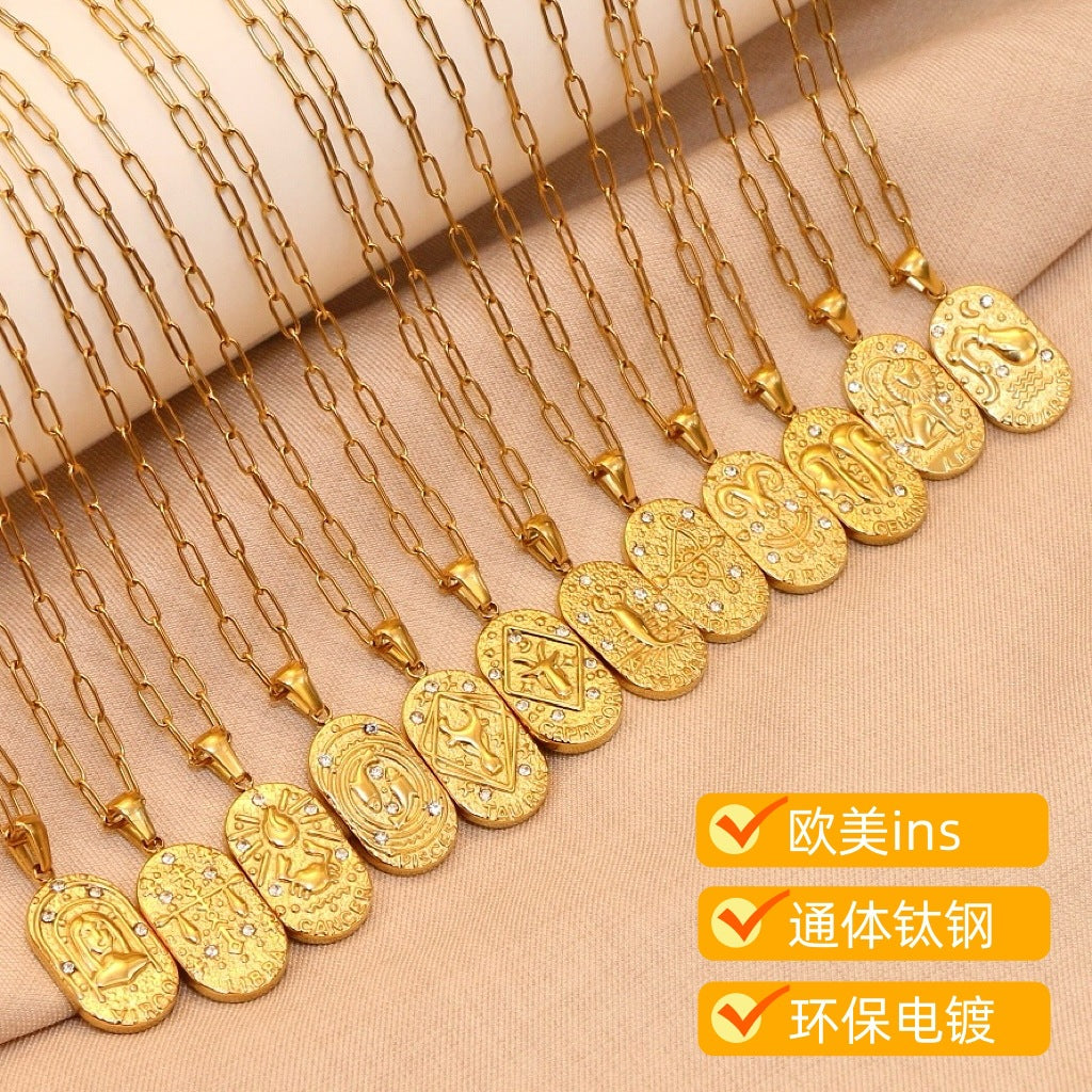 18K Gold Plated Zircon Embossed Ancient Method Pendant Zodiac Titanium Steel Necklace
