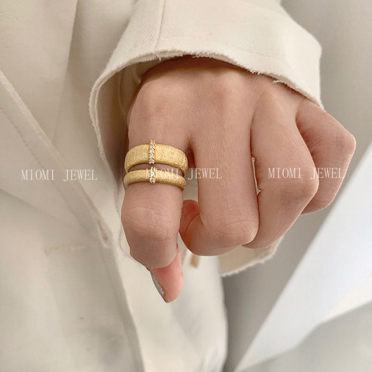 S925 Sterling Silver Italian Brushed Satin Sparkling Diamond Ring for Women French Vintage Style Luxury High-end Feel Ring