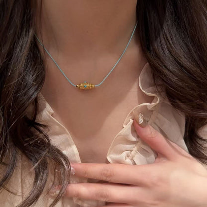 Pure Silver S925 Blue Turquoise Gold Barrel Color Rope Bracelet Necklace Set Light Luxury High-end Elegant Niche Versatile Simple