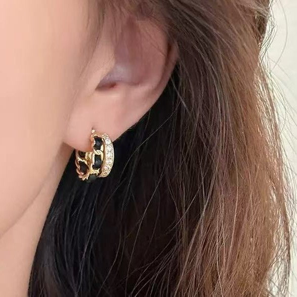 Black Gold Braided Earrings Double Layer Micro Inlaid 925 Silver Needle Earrings Fashion OL Temperament Earrings Niche High-end Feel