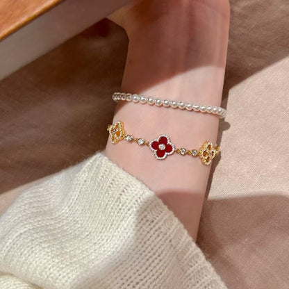 Sterling Silver S925 Four-Leaf Clover Red Agate Necklace Earrings Bracelet Set Fashion Versatile Personality Light Luxury High-End Jewelry