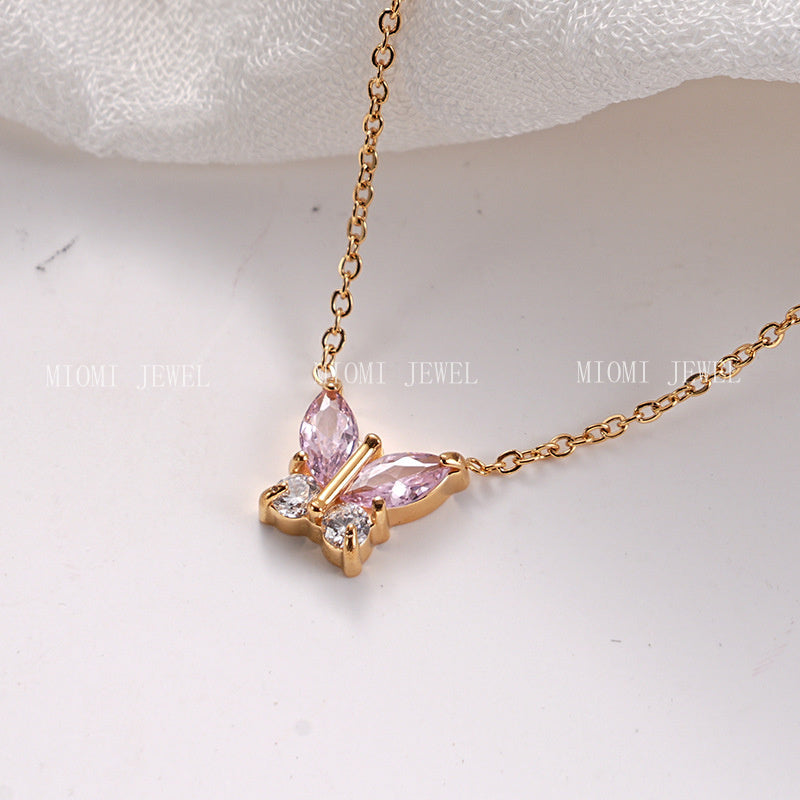 Titanium Steel 18K Vacuum Plated Colorful Zircon Necklace for Women High-End Light Luxury Micro-Paved Zircon Necklace Butterfly Design