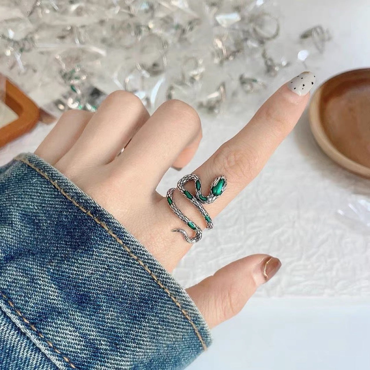 Korean Version 925 Sterling Silver Vintage Enamel Green Snake Ring Personality Trendy Open Fashion Casual Personality