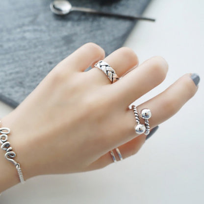 Korean Version S925 Sterling Silver Large Round Ball Woven Vintage Thai Silver Open Ring Personality Braided Index Finger Ring Trendy