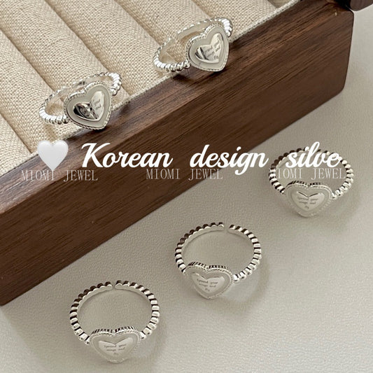 Korean Style Blogger Same Style Jewelry S925 Sterling Silver Heart English Resin Ring Niche High-end Open Ring