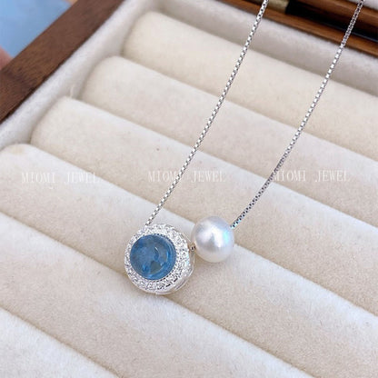 S925 Sterling Silver Aquamarine Natural Freshwater Pearl Necklace Accessories for Women Light Luxury Niche Simple High-end Clavicle Chain