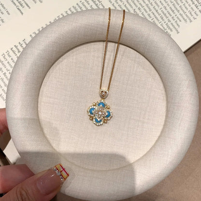Light Luxury Retro Palace Style Blue Turquoise Pearl Four-Leaf Clover Necklace Light Luxury High-End Clavicle Chain