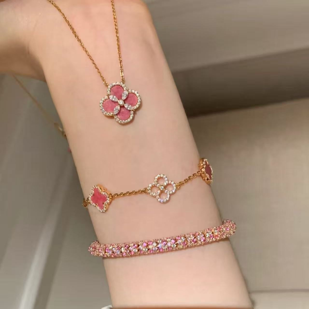 Pure Silver S925 Natural Rhodonite Four-Leaf Clover Necklace Bracelet Earrings Set for Women Fashionable Versatile Personality